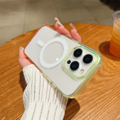For iPhone 16 Pro Max Magnetic Case Color Matching TPU + Acrylic Gradient Clear Phone Cover - Fluorescent Green / Light Pink