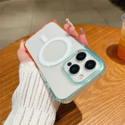 For iPhone 15 Pro Magnetic Case Color Matching TPU + Acrylic Gradient Clear Phone Cover - Blue / Pink