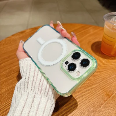For iPhone 14 Pro Magnetic Case Color Matching TPU + Acrylic Gradient Clear Phone Cover - Green / Blue