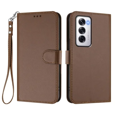 For Oppo Reno12 5G (Global) Leather Case Wallet Stand Phone Cover with Wrist Strap - Brown