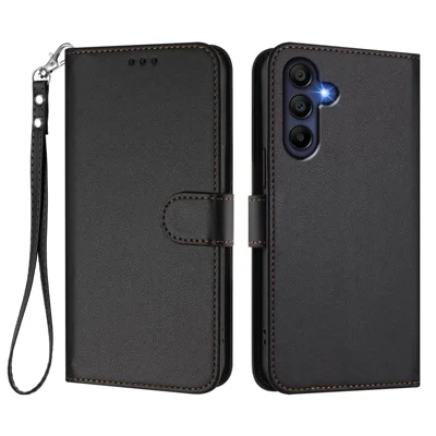 For Samsung Galaxy A18 4G / A18 5G / A17 4G / A17 5G / A26 5G Leather Case Wallet Stand Phone Cover with Wrist Strap - Black