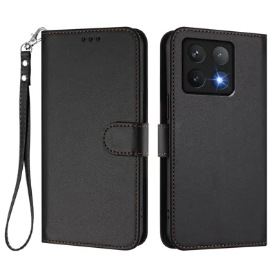 For Xiaomi 14T Leather Case Wallet Stand Phone Cover with Wrist Strap - Black