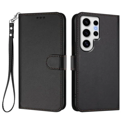 For Samsung Galaxy S24 Ultra Leather Case Wallet Stand Phone Cover with Wrist Strap - Black