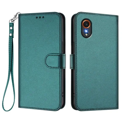 For Samsung Galaxy Xcover7 Leather Case Wallet Stand Phone Cover with Wrist Strap - Green