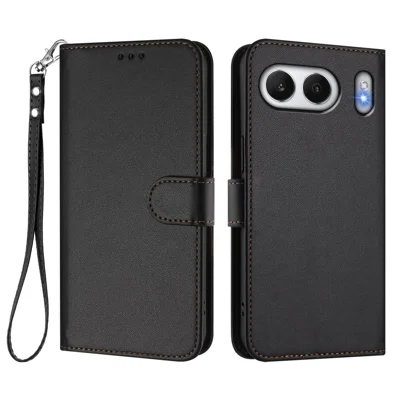 For OnePlus Nord 4 Leather Case Wallet Stand Phone Cover with Wrist Strap - Black
