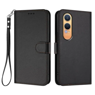 For OnePlus Nord CE4 Lite 5G Leather Case Wallet Stand Phone Cover with Wrist Strap - Black