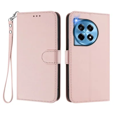 For OnePlus 12 5G Leather Case Wallet Stand Phone Cover with Wrist Strap - Pink