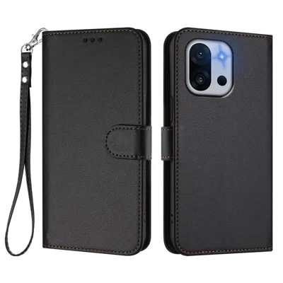 For OnePlus 13T 5G Leather Case Wallet Stand Phone Cover with Wrist Strap - Black
