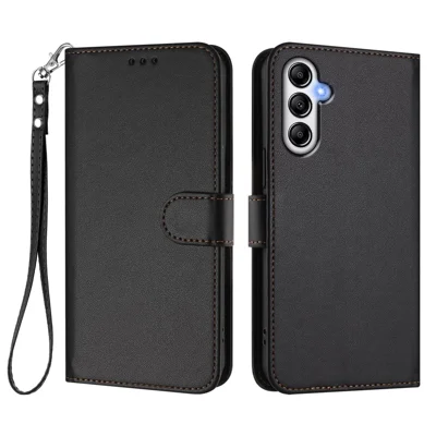 For Samsung Galaxy A25 5G (Global) (161.0 x 76.5 x 8.3mm) Leather Case Wallet Stand Phone Cover with Wrist Strap - Black