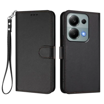 For Xiaomi Poco M6 Pro 4G / Xiaomi Redmi Note 14S 4G / Xiaomi Redmi Note 13 Pro 4G Leather Case Wallet Stand Phone Cover with Wrist Strap - Black