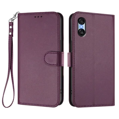 For Sony Xperia 10 VI Leather Case Wallet Stand Phone Cover with Wrist Strap - Purple