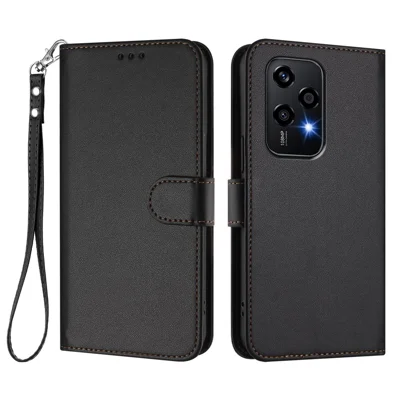 For Honor 200 Lite Leather Case Wallet Stand Phone Cover with Wrist Strap - Black