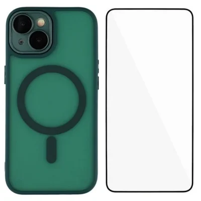 WANLONFENG For iPhone 14 Plus Case Compatible with MagSafe  QB Series PC TPU Phone Cover with Screen Film - Dark Green