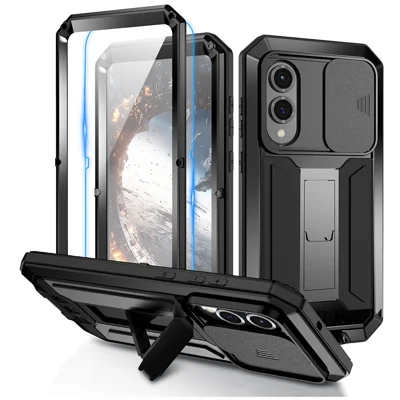 R-JUST For Samsung Galaxy S25 Edge Case PC + Silicone + Metal Back Cover with Tempered Glass Film - Black