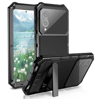 R-JUST For Samsung Galaxy S25 Edge Case PC + Silicone + Metal Kickstand Phone Cover with Tempered Glass Film - Black