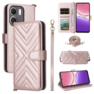 For Oppo A5x 5G  /  4G Case with Shoulder  /  Wrist Strap Leather Phone Cover Stand Wallet - Pink