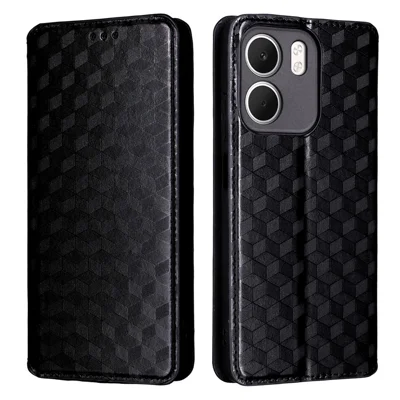 For Oppo A5x 5G  /  4G Case Wallet Rhombus Imprinted Leather Phone Cover - Black