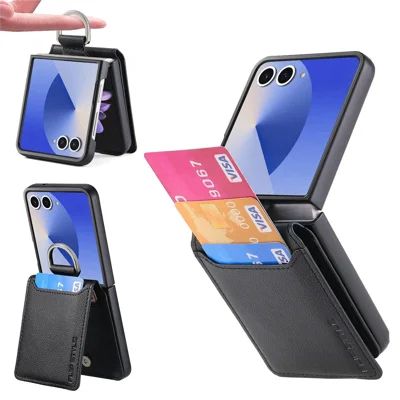 For Samsung Galaxy Z Flip7 5G Case Card Holder Kickstand PU + PC Phone Cover with Finger Ring - Black