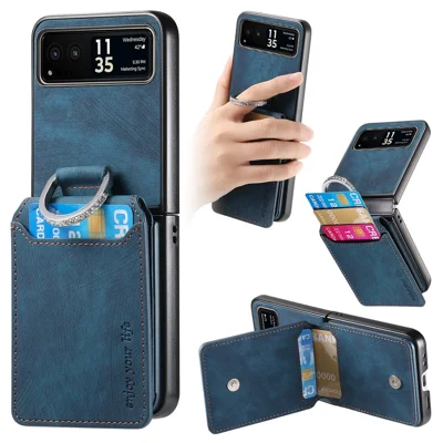 For Motorola Razr 40 5G Case Card Holder Kickstand Retro Texture Leather Back Cover - Blue