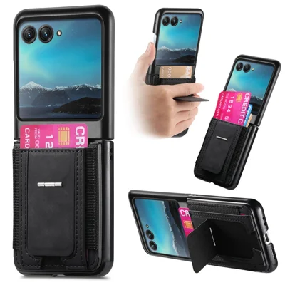For Motorola Razr 40 Ultra 5G Case Kickstand Retro Leather Back Cover with Card Holder - Black