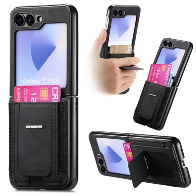 For Samsung Galaxy Z Flip5 5G Case Kickstand Retro Leather Back Cover with Card Holder - Black