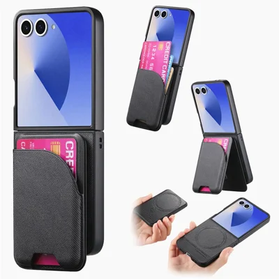 Magnetisk skrov för Samsung Galaxy Z Flip7 5G med ställfot, jeansstrukturerad läderbakdel med avtagbar kortficka - Svart