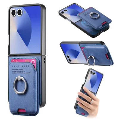 For Samsung Galaxy Z Flip7 5G Magnetic Case Twill Texture Leather Back Cover with Card Bag - Blue