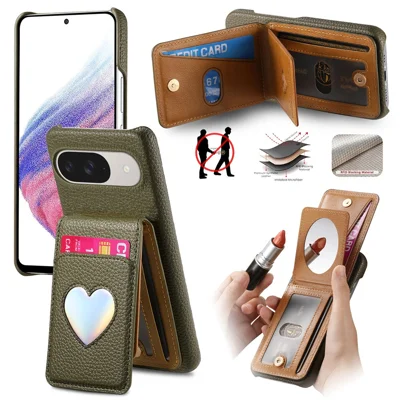 Case with Mirror Card Holder For Google Pixel 10 Pro  /  10  /  9 Pro  /  9 RFID Blocking Litchi Texture PU PC Phone Back Cover - Midnight Green