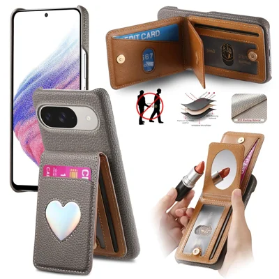 Case with Mirror Card Holder For Google Pixel 10 Pro  /  10  /  9 Pro  /  9 RFID Blocking Litchi Texture PU PC Phone Back Cover - Grey