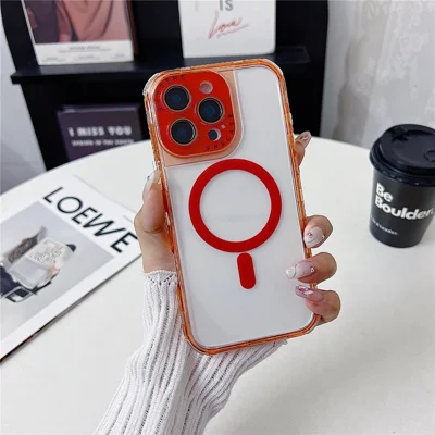 For iPhone 16 Pro Max Magnetic Case Clear Colorful Frame TPU + PC Phone Back Cover with Lens Film - Red
