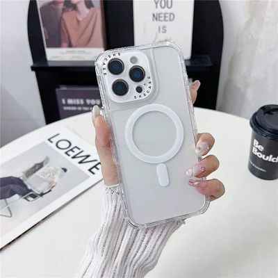For iPhone 16 Pro Magnetic Case Clear Colorful Frame TPU + PC Phone Back Cover with Lens Film - White