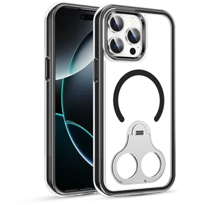 Bulk Purchasing For iPhone 15 Pro Max Case Air Cushion PC + TPU Magnetic Phone Cover with Ring Kickstand - Black