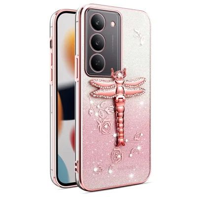 KADEM For Realme V60 Pro 5G  /  14x (India) 5G Case Dragonfly Kickstand TPU Flowers Glitter Phone Cover - Pink