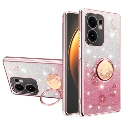 KADEM For Oppo Reno13 F 5G (Reno 13 FS 5G) / 4G Case Ring Kickstand TPU Flowers Phone Cover Gradient Glitter - Pink