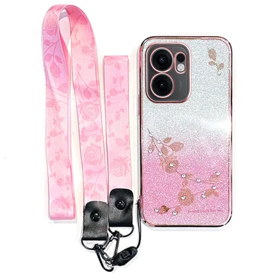 KADEM For Oppo Reno13 F 5G (Reno 13 FS 5G) / 4G Case Flower Pattern TPU Gradient Phone Cover with Lanyards - Rose Gold