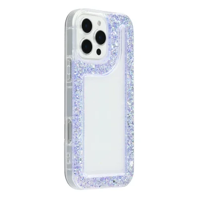 For iPhone 16 Pro Case Glitter Epoxy Soft TPU Clear Back Cover - Paars