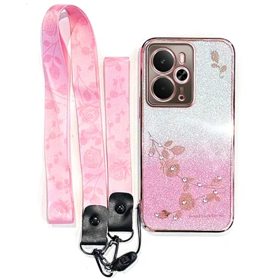 KADEM For Realme 14T 5G  /  14 5G Case Flower Pattern TPU Gradient Phone Cover with Lanyards - Rose Gold