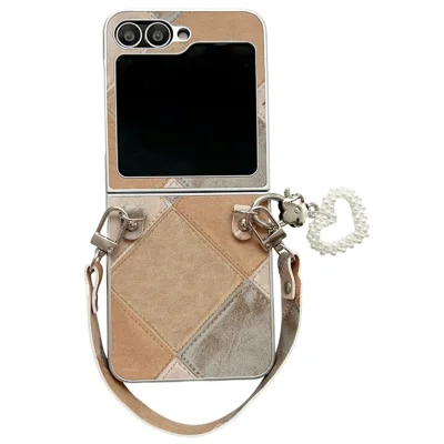 For Samsung Galaxy Z Flip5 5G Case Retro Rhombus PU + PC Phone Cover with Love Pendant and Strap - Khaki