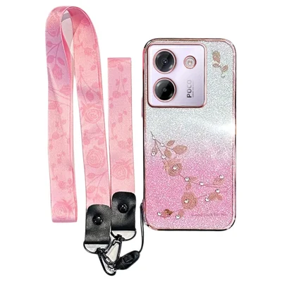 KADEM For Xiaomi Poco M7 Pro 5G Case Flower Pattern TPU Gradient Phone Cover with Lanyards - Rose Gold