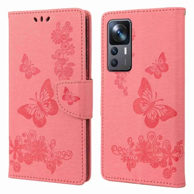 For Xiaomi 12T 5G / Redmi K50 Ultra 5G Butterflies Flower Imprinting Shockproof Wallet Case PU Leather Stand Magnetic Closure Flip Folio Phone Cover - Pink