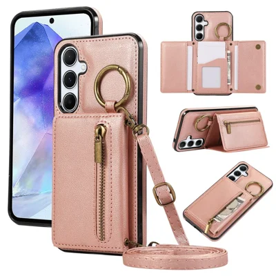 For Samsung Galaxy S25+  /  S24+ Leather Back Cover Zipper Wallet Kickstand Phone Case with Shoulder Strap - Pink
