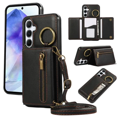 For Samsung Galaxy S25  /  S24 Leather Back Cover Zipper Wallet Kickstand Phone Case with Shoulder Strap - Black