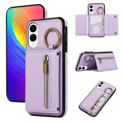 For Samsung Galaxy S25 Edge Leather Back Cover Zipper Wallet Kickstand Phone Case with Shoulder Strap - Purple