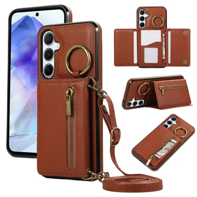 For Samsung Galaxy A16 4G Leather Back Cover Zipper Wallet Kickstand Phone Case with Shoulder Strap - Brown