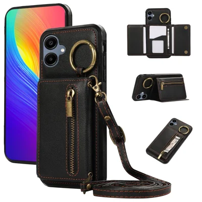 For Samsung Galaxy A06 4G Leather Back Cover Zipper Wallet Kickstand Phone Case with Shoulder Strap - Black