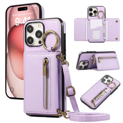 For iPhone 16 Pro Leather Back Cover Zipper Wallet Kickstand Phone Case with Shoulder Strap - Purple