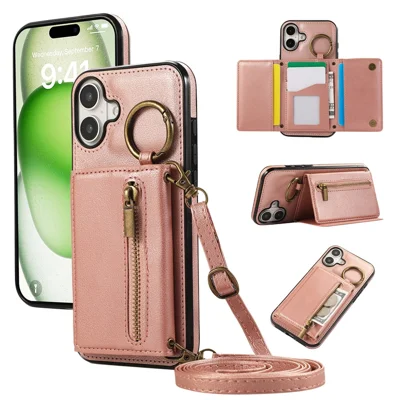 For iPhone 16 Leather Back Cover Zipper Wallet Kickstand Phone Case with Shoulder Strap - Pink