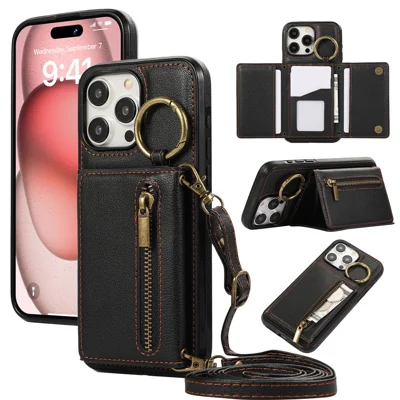 For iPhone 15 Pro Leather Back Cover Zipper Wallet Kickstand Phone Case with Shoulder Strap - Black