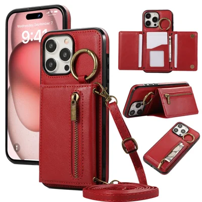 For iPhone 15 Pro Leather Back Cover Zipper Wallet Kickstand Phone Case with Shoulder Strap - Red