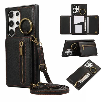 For Samsung Galaxy S25 Ultra Leather Back Cover Zipper Wallet Kickstand Phone Case with Shoulder Strap - Black